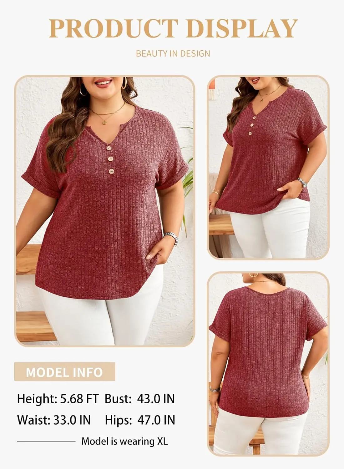 Eytino Women Plus Size Waffle Knit Tops Henley Shirts Short Sleeve V Neck Solid Color Casual Blouse Tunic(1X-5X)