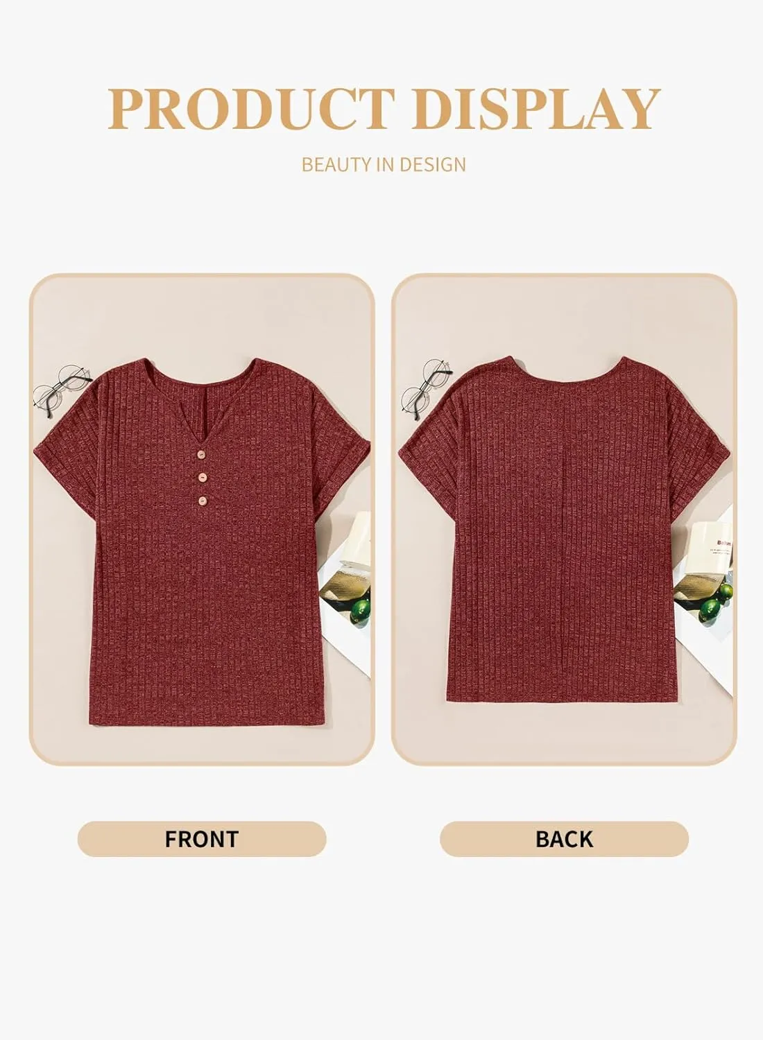 Eytino Women Plus Size Waffle Knit Tops Henley Shirts Short Sleeve V Neck Solid Color Casual Blouse Tunic(1X-5X)