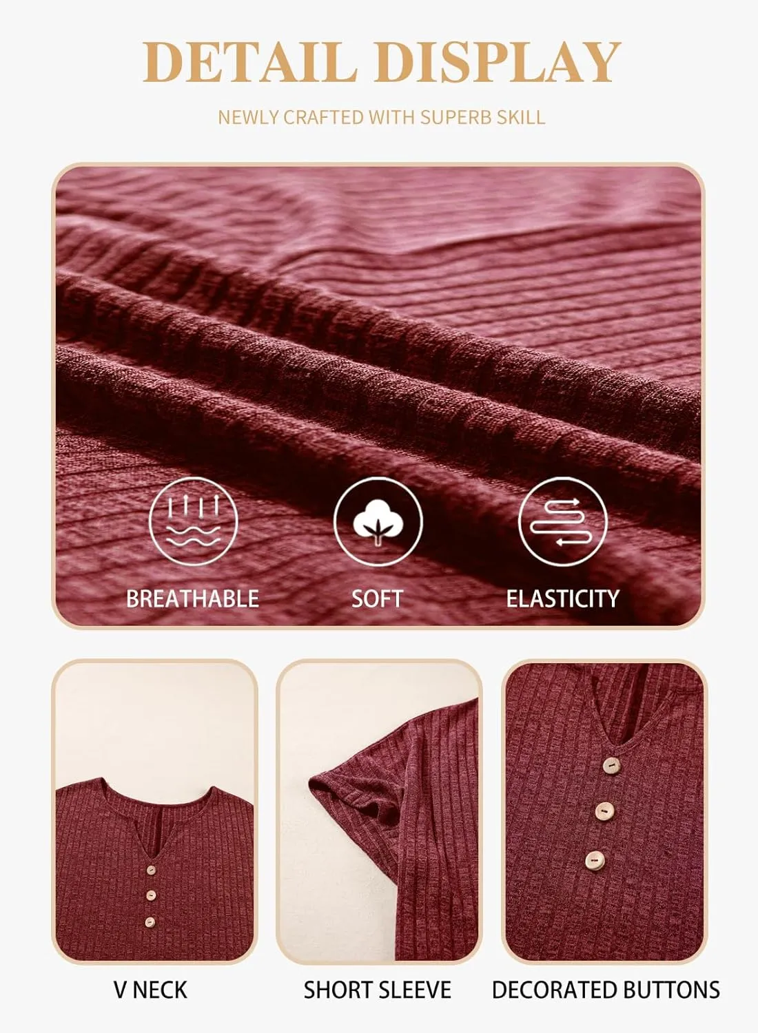 Eytino Women Plus Size Waffle Knit Tops Henley Shirts Short Sleeve V Neck Solid Color Casual Blouse Tunic(1X-5X)