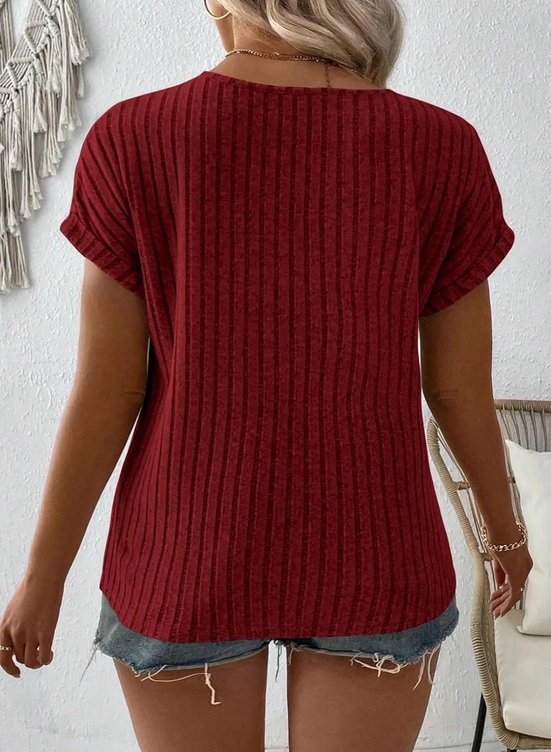 Eytino Women Plus Size Waffle Knit Tops Henley Shirts Short Sleeve V Neck Solid Color Casual Blouse Tunic(1X-5X)