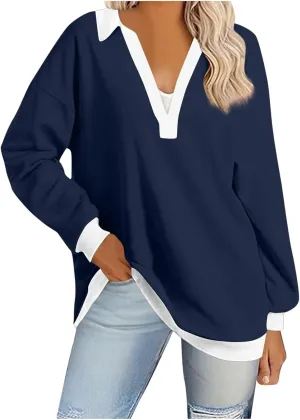 Fall Sweatshirts For Women Casual Long Sleeve Collared v Neck Sweatshirt Shirts Loose Pullover Tops Trendy 2024
