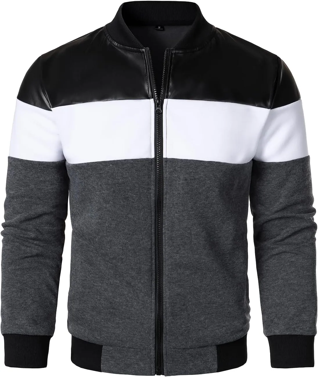FANARCHER Mens Lightweight Bomber Jacket Casual Zipper Coat Color Block with Faux Leather Varsity Jacket
