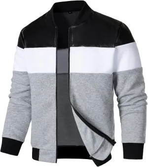FANARCHER Mens Lightweight Bomber Jacket Casual Zipper Coat Color Block with Faux Leather Varsity Jacket