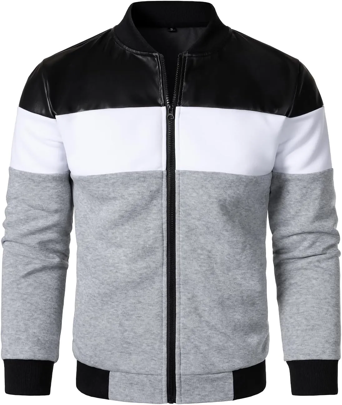 FANARCHER Mens Lightweight Bomber Jacket Casual Zipper Coat Color Block with Faux Leather Varsity Jacket