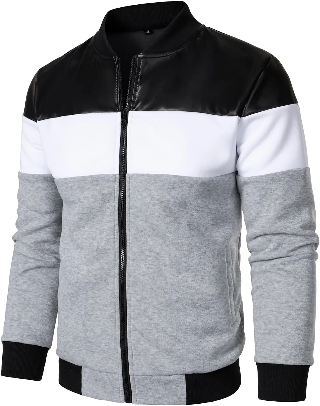 FANARCHER Mens Lightweight Bomber Jacket Casual Zipper Coat Color Block with Faux Leather Varsity Jacket