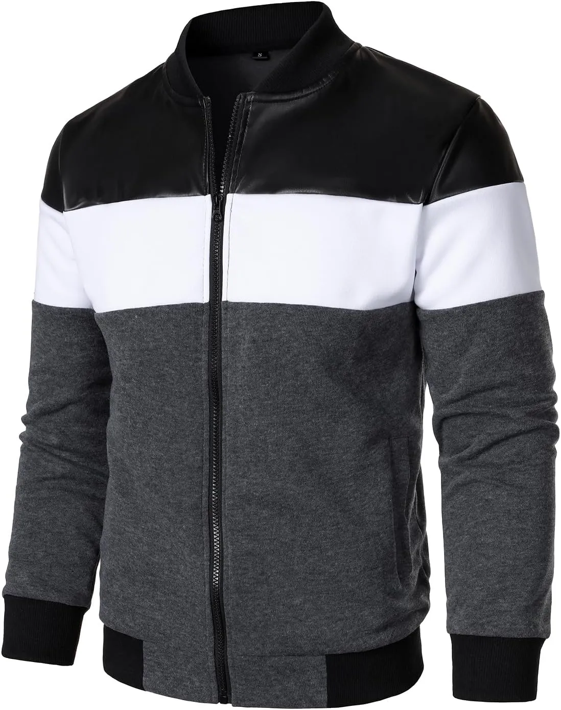 FANARCHER Mens Lightweight Bomber Jacket Casual Zipper Coat Color Block with Faux Leather Varsity Jacket