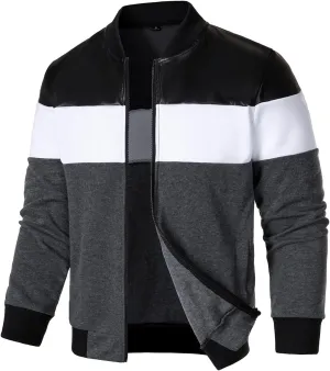 FANARCHER Mens Lightweight Bomber Jacket Casual Zipper Coat Color Block with Faux Leather Varsity Jacket