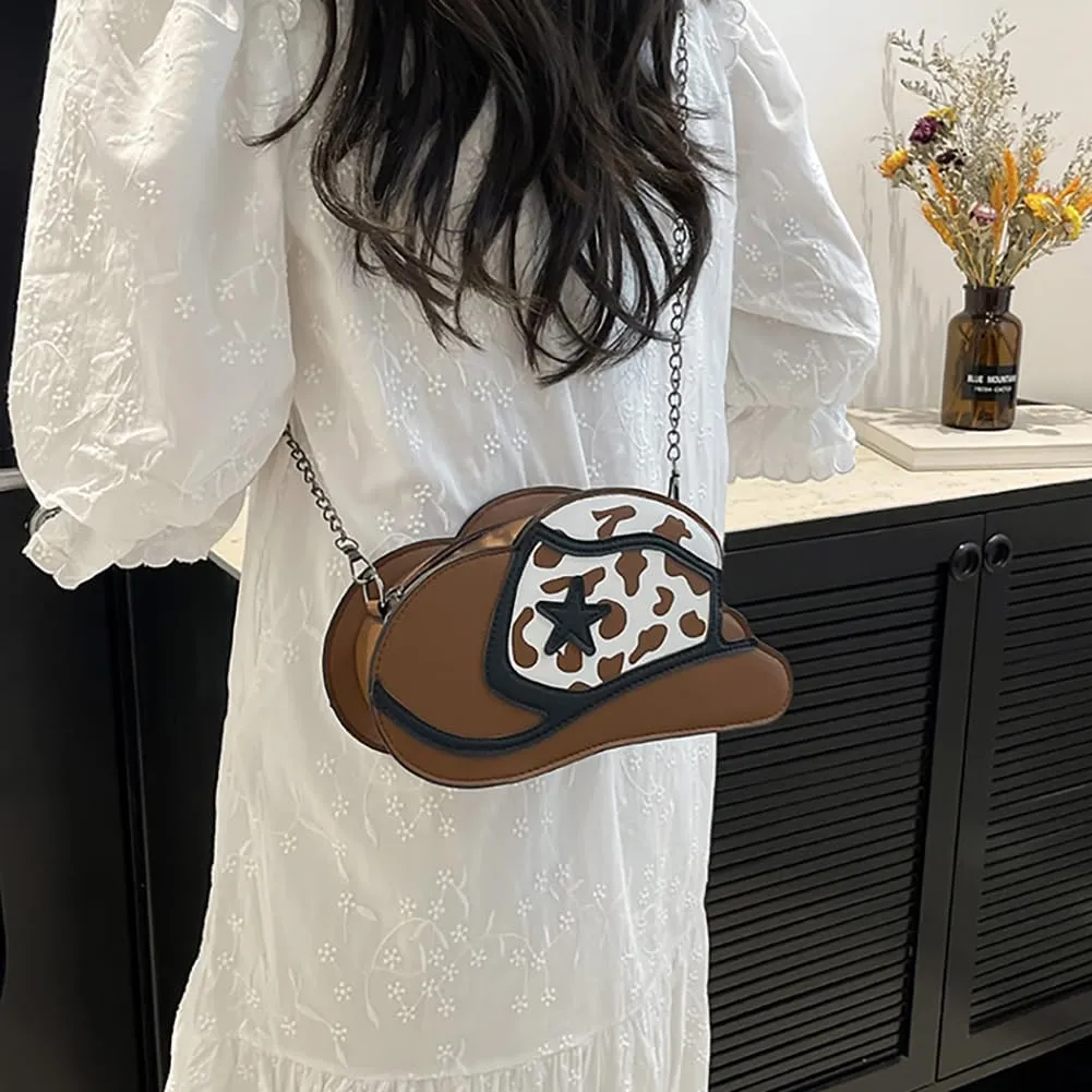 Fancy Stylish Cowboy Hat Shaped Crossbody Bag for Women, PU Leather Cow Print Pattern Cozy Western Chain Hobo Shoulder Purse