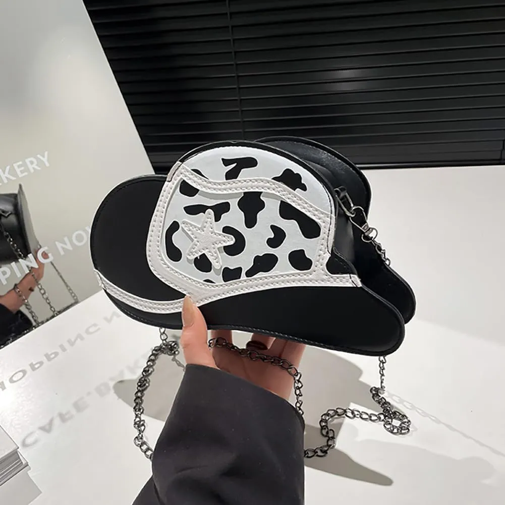 Fancy Stylish Cowboy Hat Shaped Crossbody Bag for Women, PU Leather Cow Print Pattern Cozy Western Chain Hobo Shoulder Purse