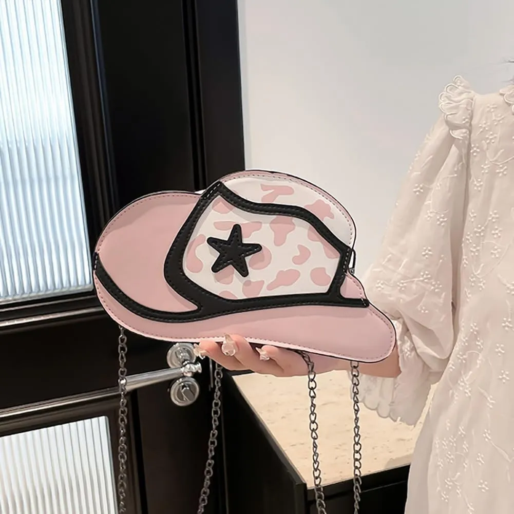 Fancy Stylish Cowboy Hat Shaped Crossbody Bag for Women, PU Leather Cow Print Pattern Cozy Western Chain Hobo Shoulder Purse