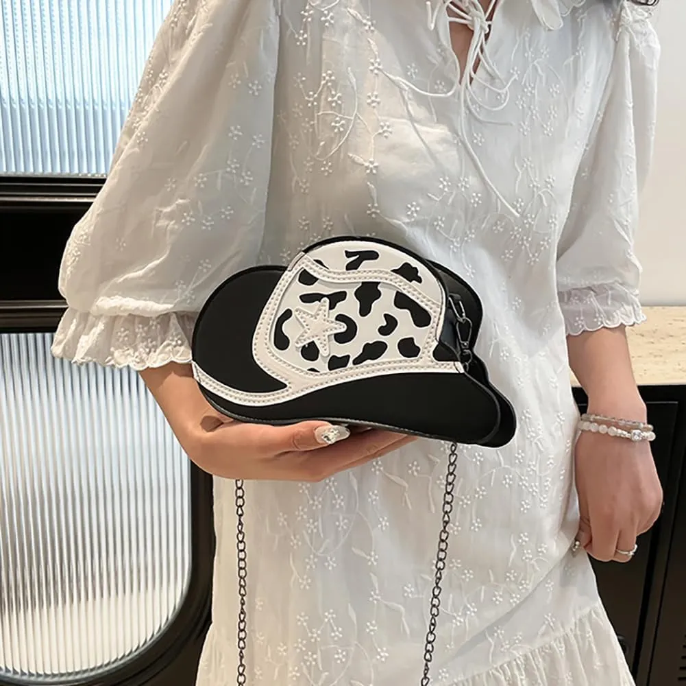 Fancy Stylish Cowboy Hat Shaped Crossbody Bag for Women, PU Leather Cow Print Pattern Cozy Western Chain Hobo Shoulder Purse