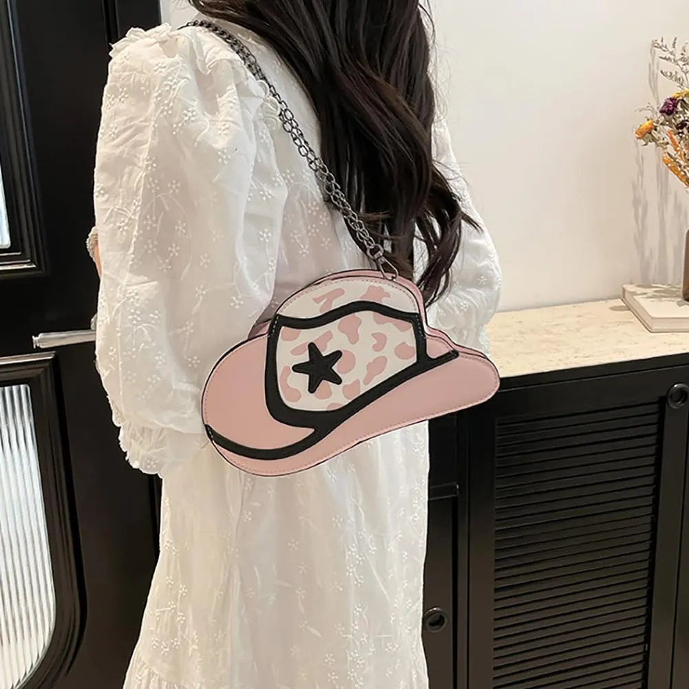 Fancy Stylish Cowboy Hat Shaped Crossbody Bag for Women, PU Leather Cow Print Pattern Cozy Western Chain Hobo Shoulder Purse