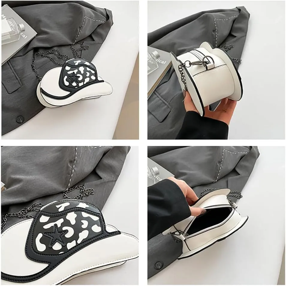 Fancy Stylish Cowboy Hat Shaped Crossbody Bag for Women, PU Leather Cow Print Pattern Cozy Western Chain Hobo Shoulder Purse