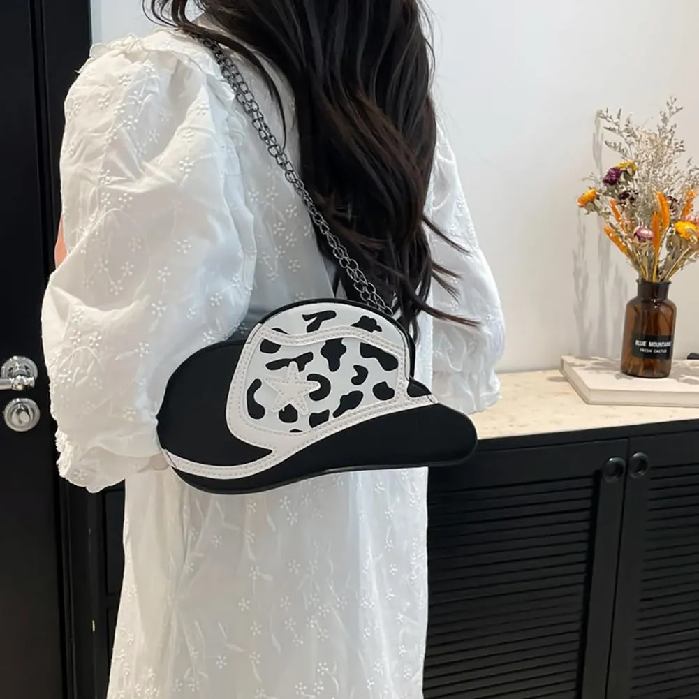 Fancy Stylish Cowboy Hat Shaped Crossbody Bag for Women, PU Leather Cow Print Pattern Cozy Western Chain Hobo Shoulder Purse