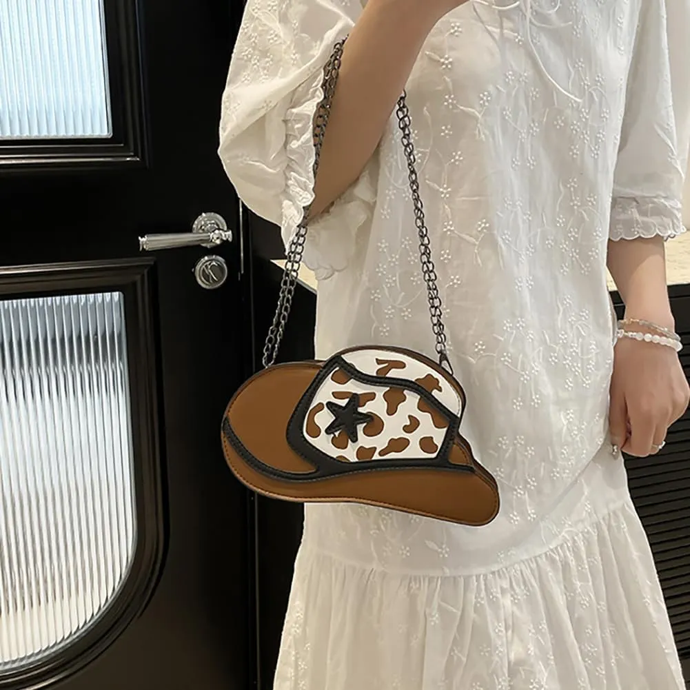 Fancy Stylish Cowboy Hat Shaped Crossbody Bag for Women, PU Leather Cow Print Pattern Cozy Western Chain Hobo Shoulder Purse
