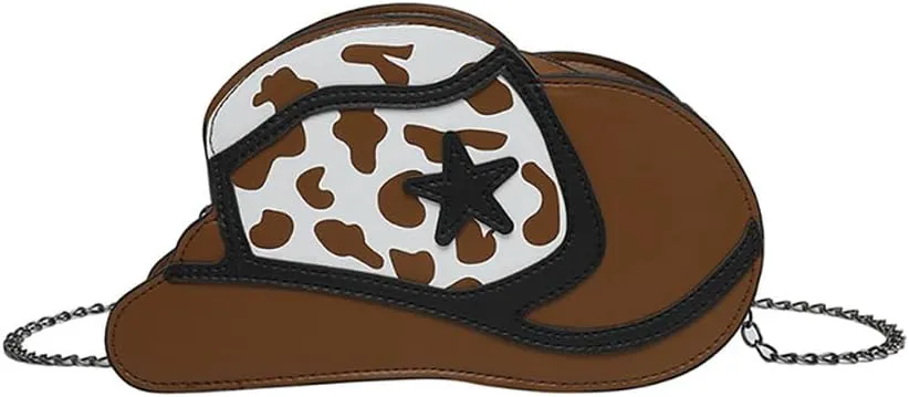 Fancy Stylish Cowboy Hat Shaped Crossbody Bag for Women, PU Leather Cow Print Pattern Cozy Western Chain Hobo Shoulder Purse