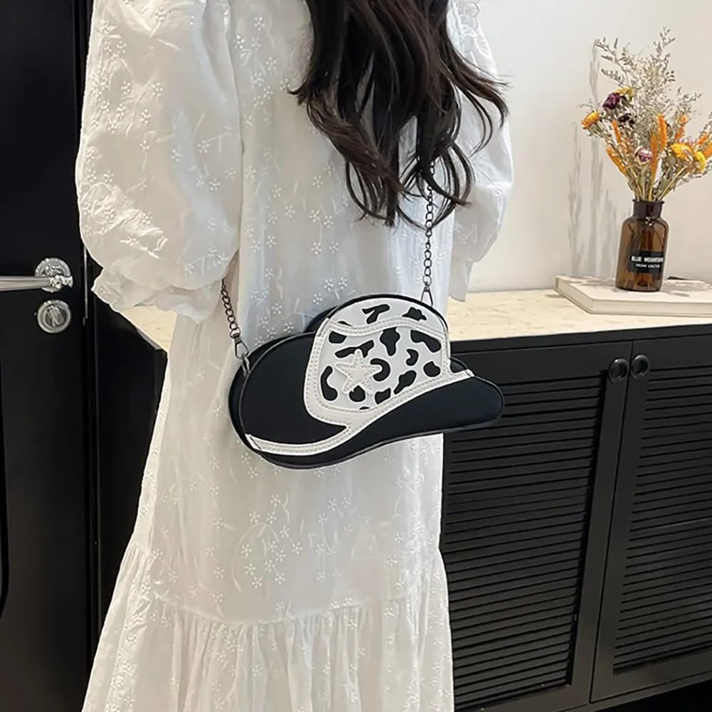Fancy Stylish Cowboy Hat Shaped Crossbody Bag for Women, PU Leather Cow Print Pattern Cozy Western Chain Hobo Shoulder Purse