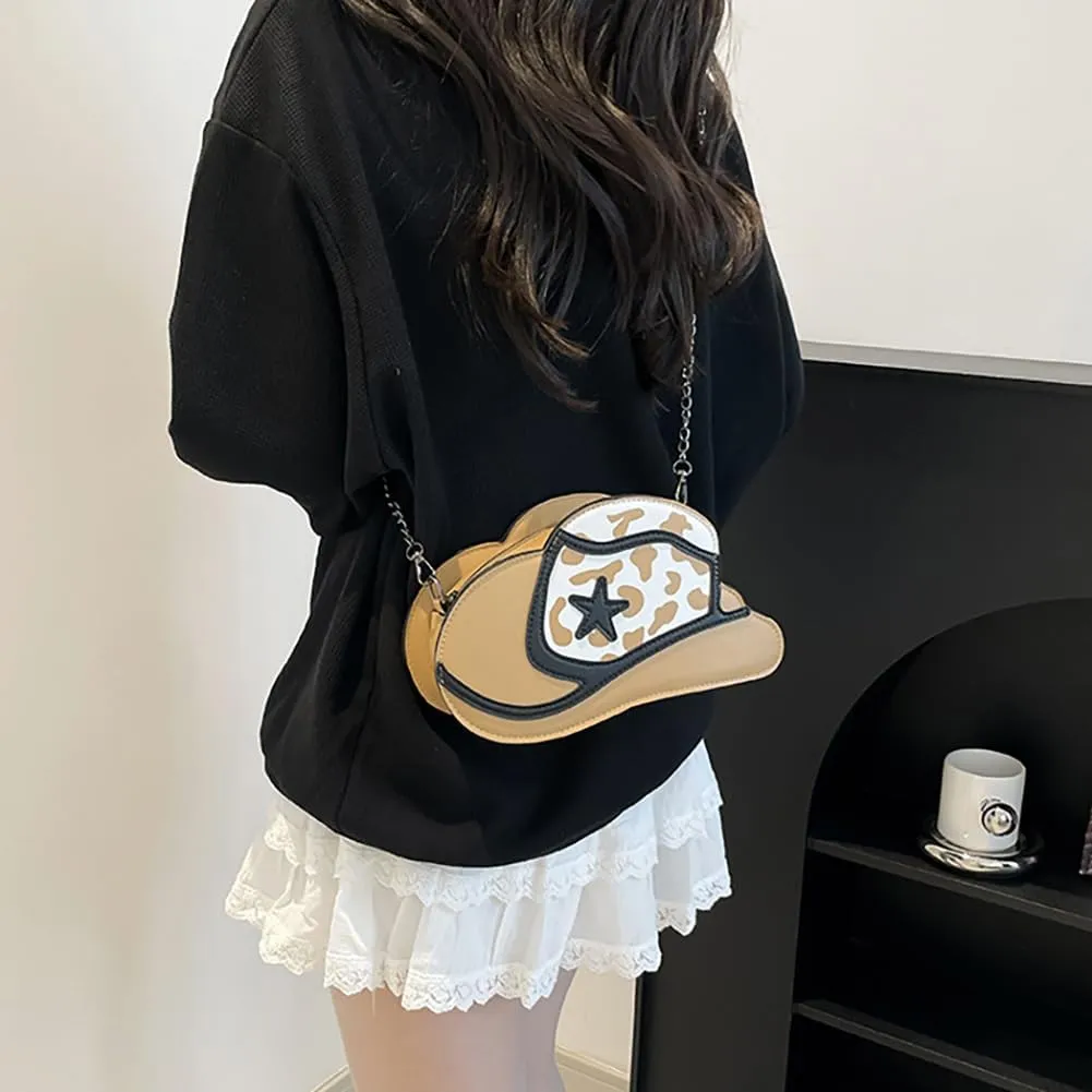 Fancy Stylish Cowboy Hat Shaped Crossbody Bag for Women, PU Leather Cow Print Pattern Cozy Western Chain Hobo Shoulder Purse