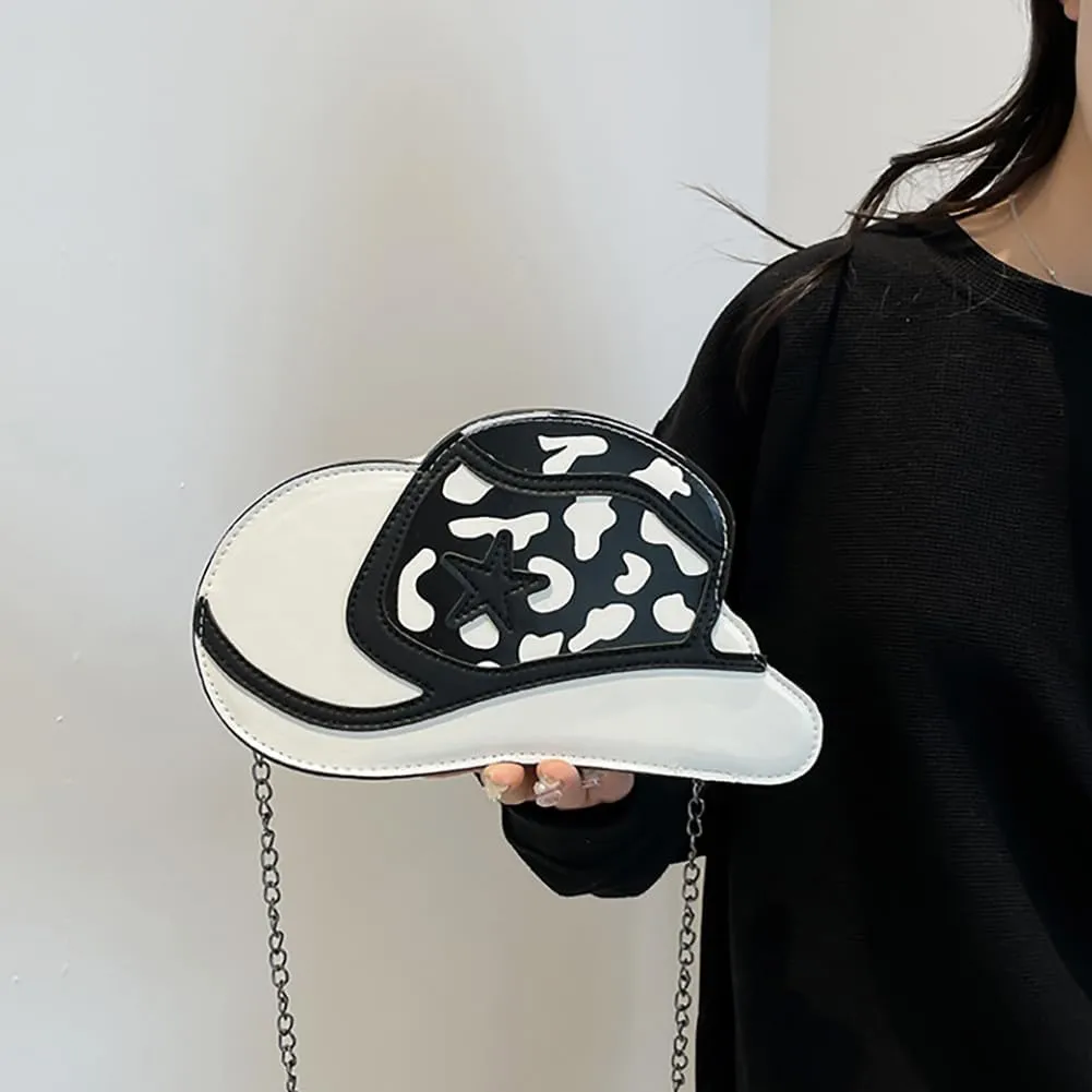 Fancy Stylish Cowboy Hat Shaped Crossbody Bag for Women, PU Leather Cow Print Pattern Cozy Western Chain Hobo Shoulder Purse