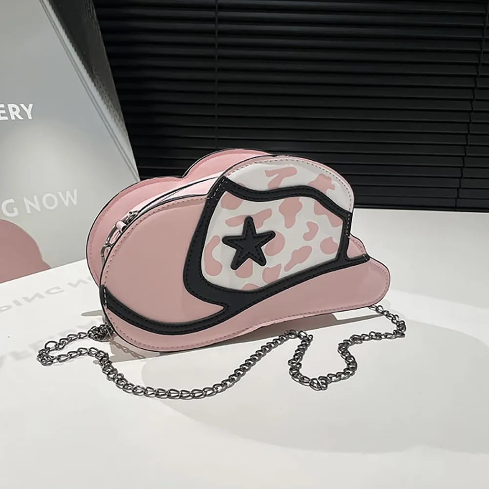 Fancy Stylish Cowboy Hat Shaped Crossbody Bag for Women, PU Leather Cow Print Pattern Cozy Western Chain Hobo Shoulder Purse