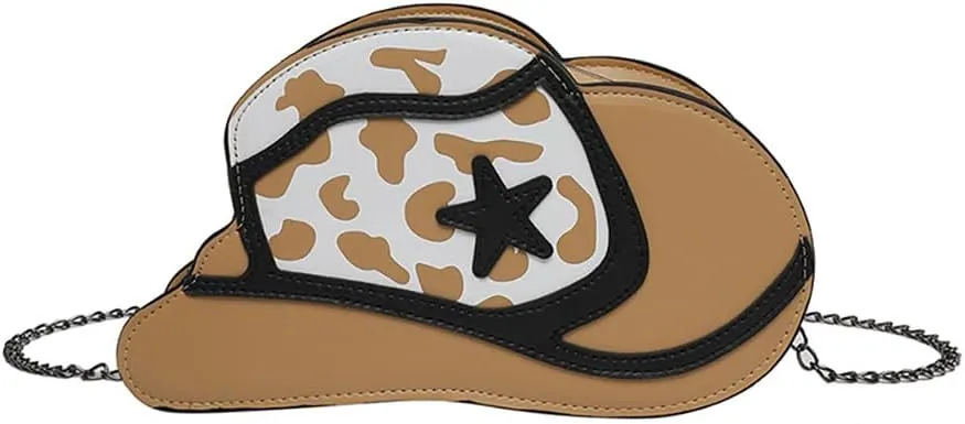 Fancy Stylish Cowboy Hat Shaped Crossbody Bag for Women, PU Leather Cow Print Pattern Cozy Western Chain Hobo Shoulder Purse