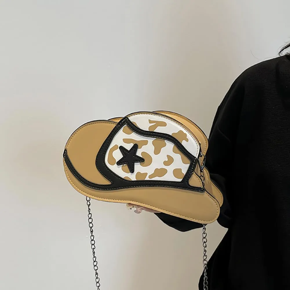 Fancy Stylish Cowboy Hat Shaped Crossbody Bag for Women, PU Leather Cow Print Pattern Cozy Western Chain Hobo Shoulder Purse