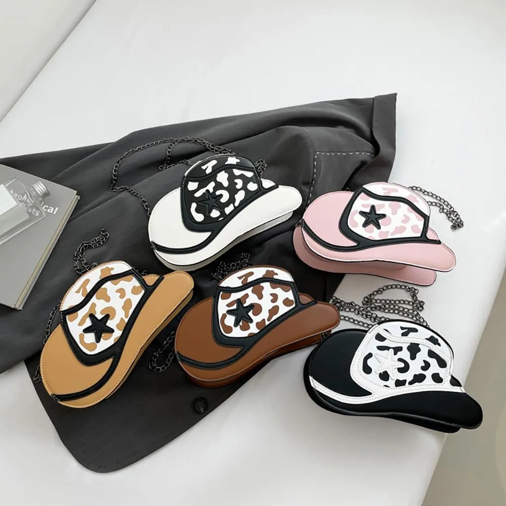 Fancy Stylish Cowboy Hat Shaped Crossbody Bag for Women, PU Leather Cow Print Pattern Cozy Western Chain Hobo Shoulder Purse
