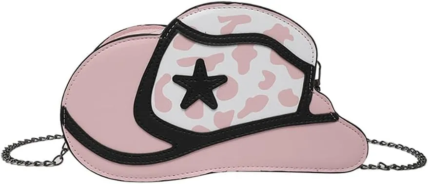Fancy Stylish Cowboy Hat Shaped Crossbody Bag for Women, PU Leather Cow Print Pattern Cozy Western Chain Hobo Shoulder Purse