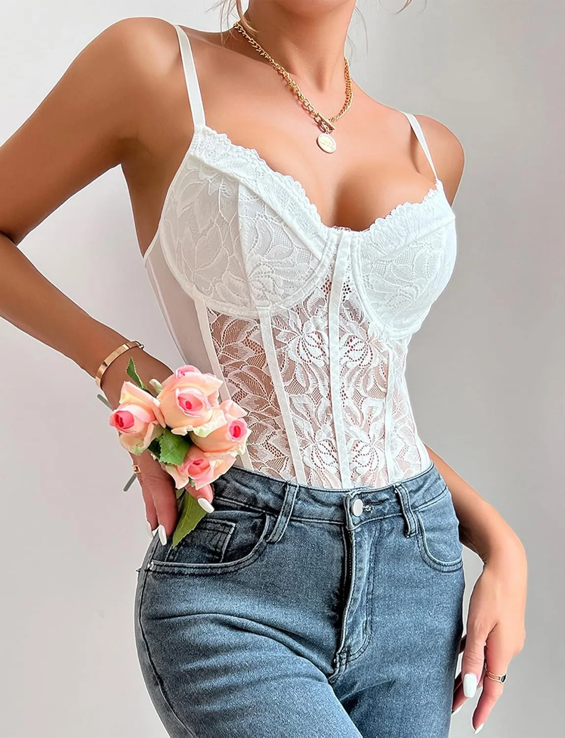 FEOYA Floral Lace Camisole Bodysuit for Women Mesh Sheer Corset Tops Slim Fit V Neck Cami Lingerie