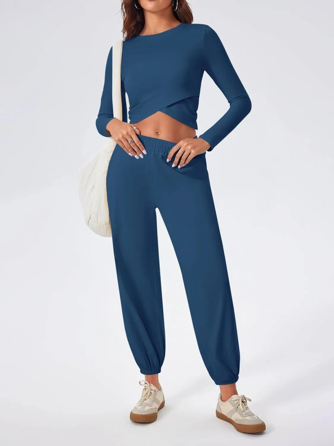 Fisoew Women's 2 Piece Lounge Sets Casual Long Sleeve Crossover Crop Tops Jogger Pants Tracksuits Outfits