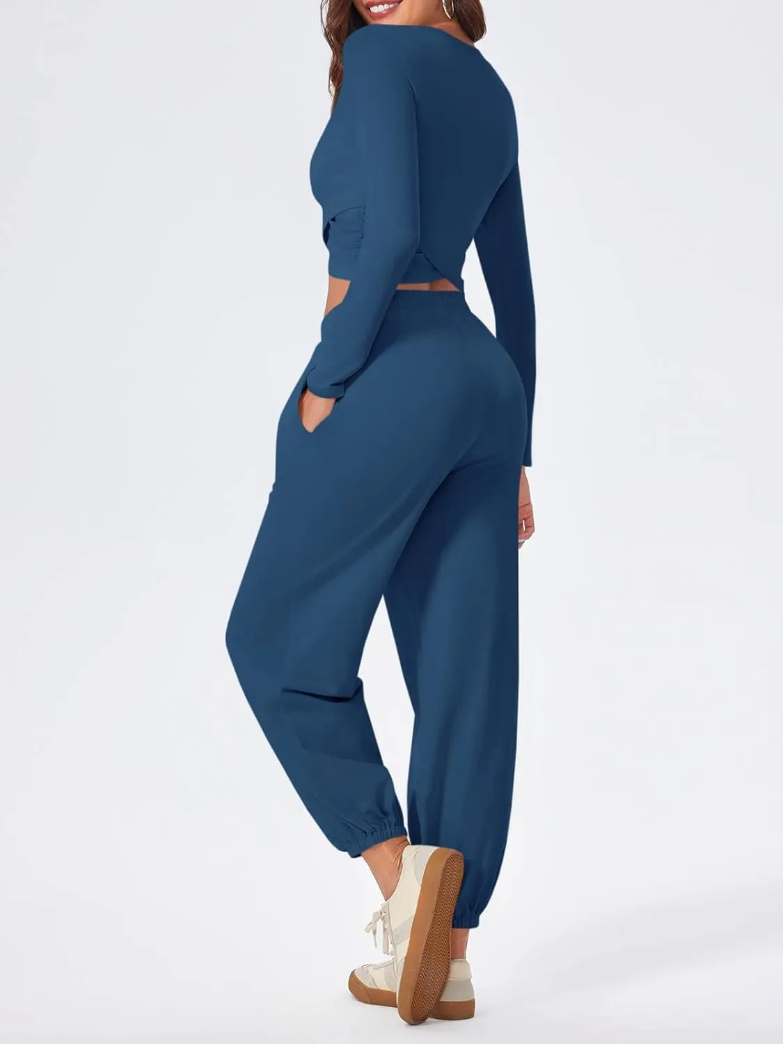 Fisoew Women's 2 Piece Lounge Sets Casual Long Sleeve Crossover Crop Tops Jogger Pants Tracksuits Outfits