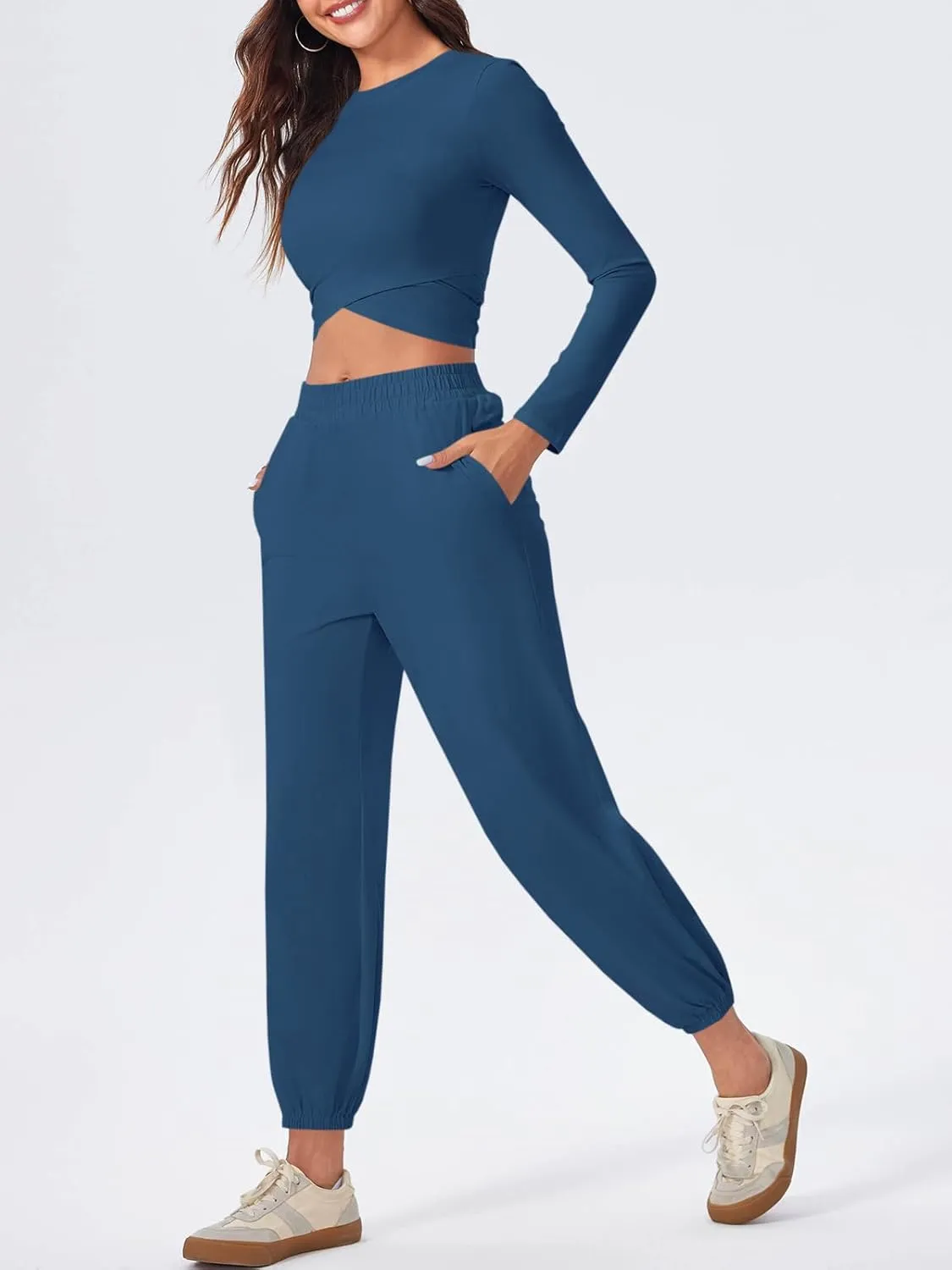 Fisoew Women's 2 Piece Lounge Sets Casual Long Sleeve Crossover Crop Tops Jogger Pants Tracksuits Outfits