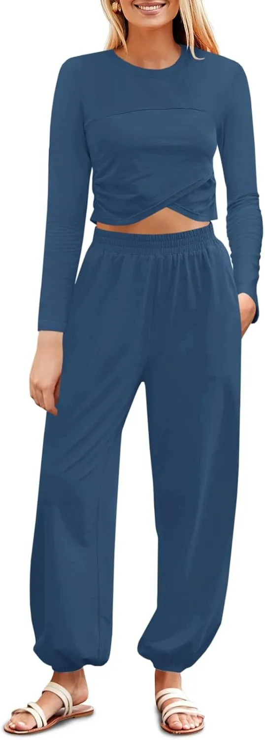 Fisoew Women's 2 Piece Lounge Sets Casual Long Sleeve Crossover Crop Tops Jogger Pants Tracksuits Outfits