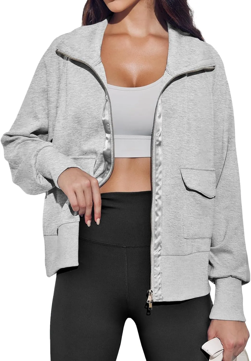 Fisoew Women's Zip up Sweatshirt Collared Neck Long Sleeve Loose Casual Lightweight Jacket with Pockets