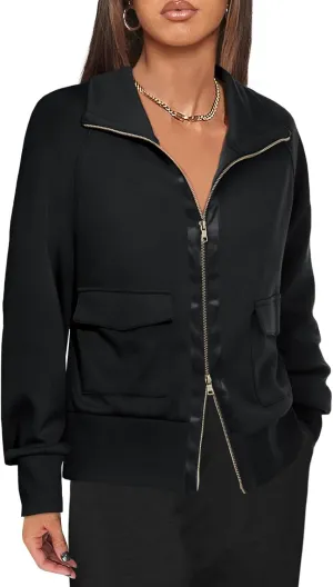 Fisoew Women's Zip up Sweatshirt Collared Neck Long Sleeve Loose Casual Lightweight Jacket with Pockets