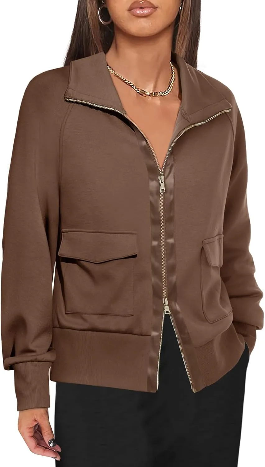 Fisoew Women's Zip up Sweatshirt Collared Neck Long Sleeve Loose Casual Lightweight Jacket with Pockets