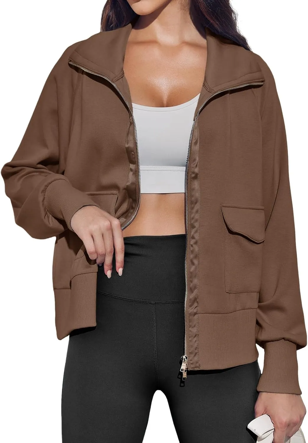 Fisoew Women's Zip up Sweatshirt Collared Neck Long Sleeve Loose Casual Lightweight Jacket with Pockets