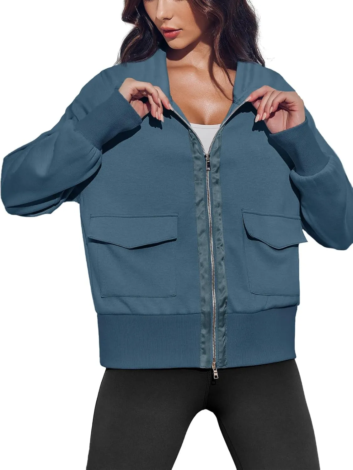 Fisoew Women's Zip up Sweatshirt Collared Neck Long Sleeve Loose Casual Lightweight Jacket with Pockets