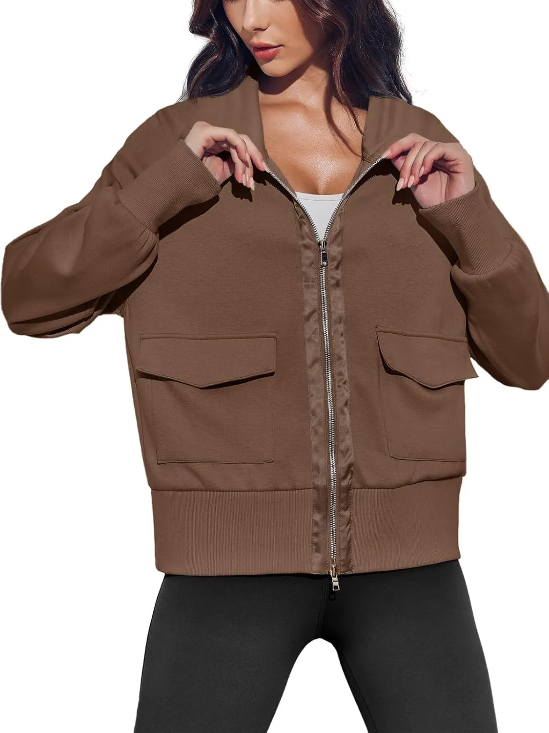 Fisoew Women's Zip up Sweatshirt Collared Neck Long Sleeve Loose Casual Lightweight Jacket with Pockets