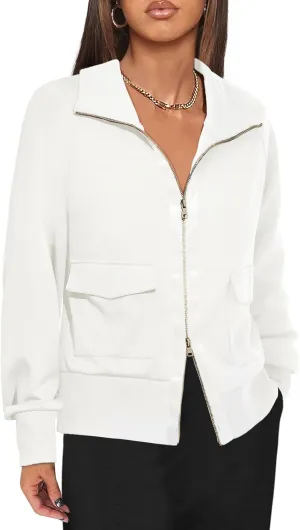 Fisoew Women's Zip up Sweatshirt Collared Neck Long Sleeve Loose Casual Lightweight Jacket with Pockets