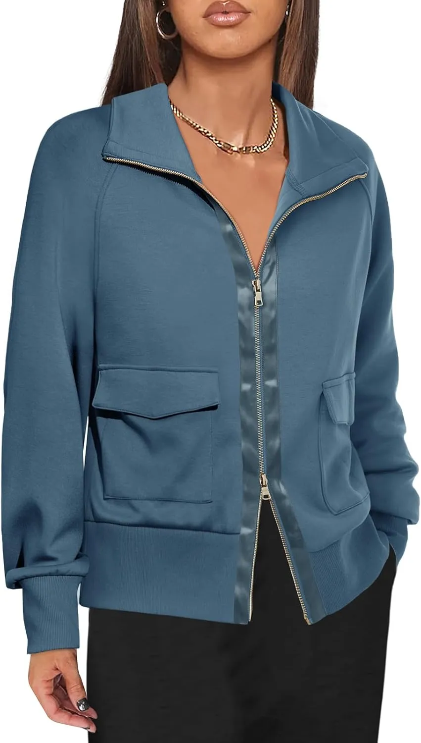 Fisoew Women's Zip up Sweatshirt Collared Neck Long Sleeve Loose Casual Lightweight Jacket with Pockets