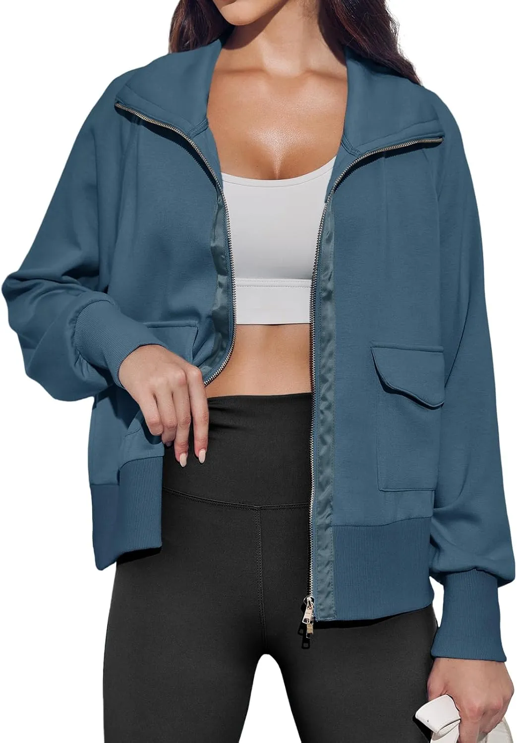 Fisoew Women's Zip up Sweatshirt Collared Neck Long Sleeve Loose Casual Lightweight Jacket with Pockets