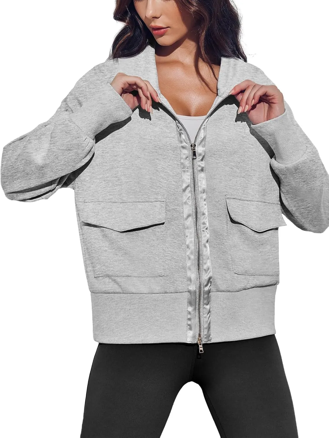 Fisoew Women's Zip up Sweatshirt Collared Neck Long Sleeve Loose Casual Lightweight Jacket with Pockets