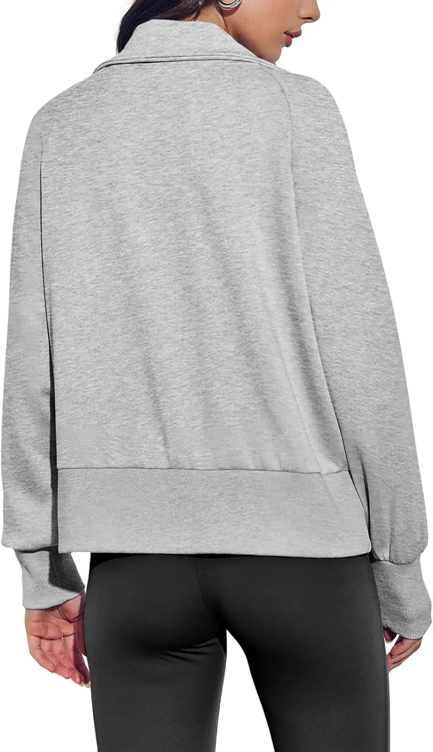 Fisoew Women's Zip up Sweatshirt Collared Neck Long Sleeve Loose Casual Lightweight Jacket with Pockets