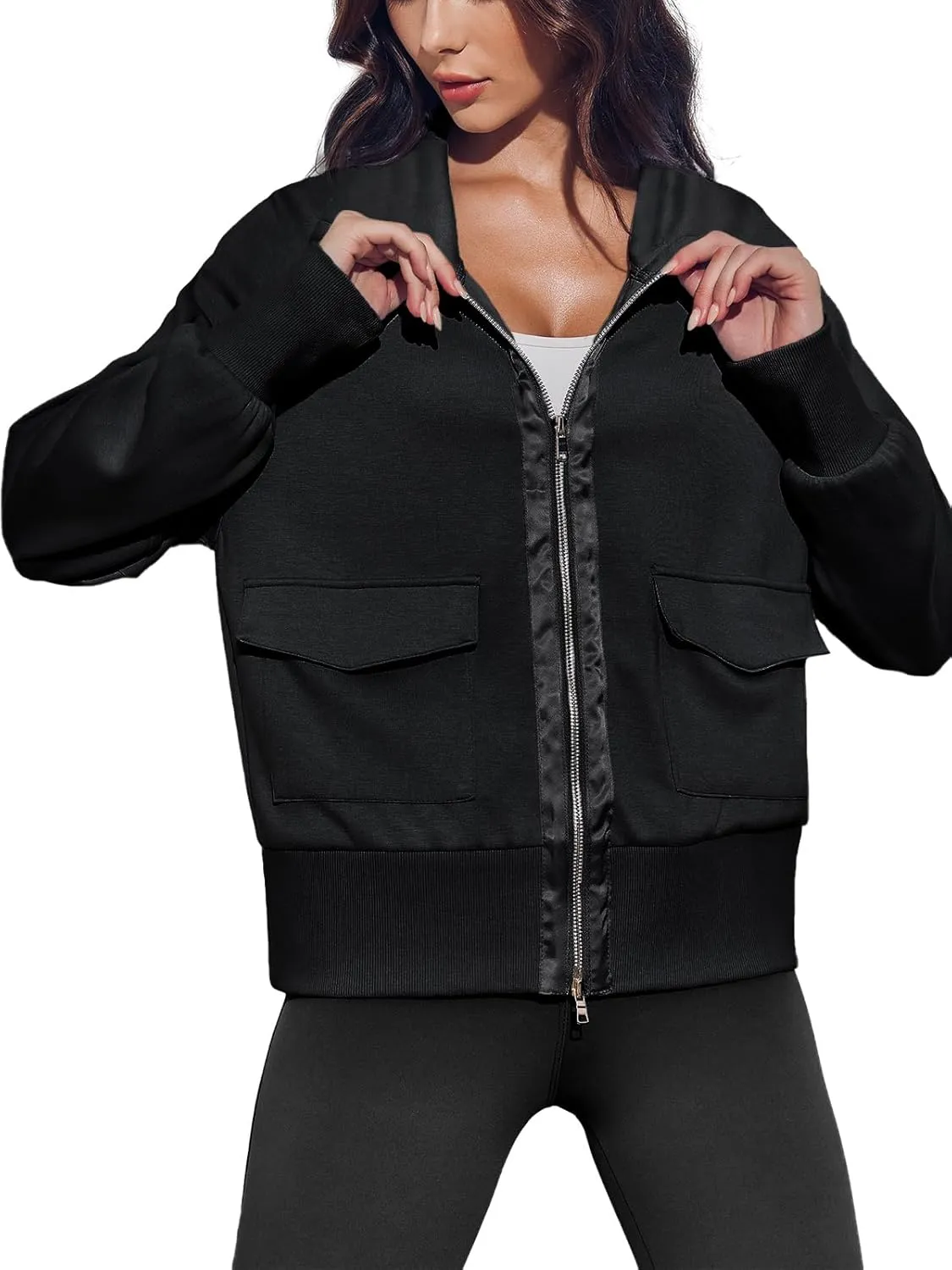 Fisoew Women's Zip up Sweatshirt Collared Neck Long Sleeve Loose Casual Lightweight Jacket with Pockets