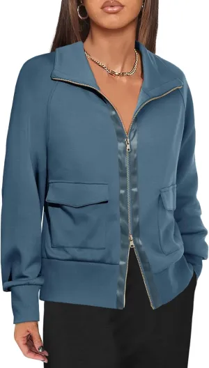 Fisoew Women's Zip up Sweatshirt Collared Neck Long Sleeve Loose Casual Lightweight Jacket with Pockets