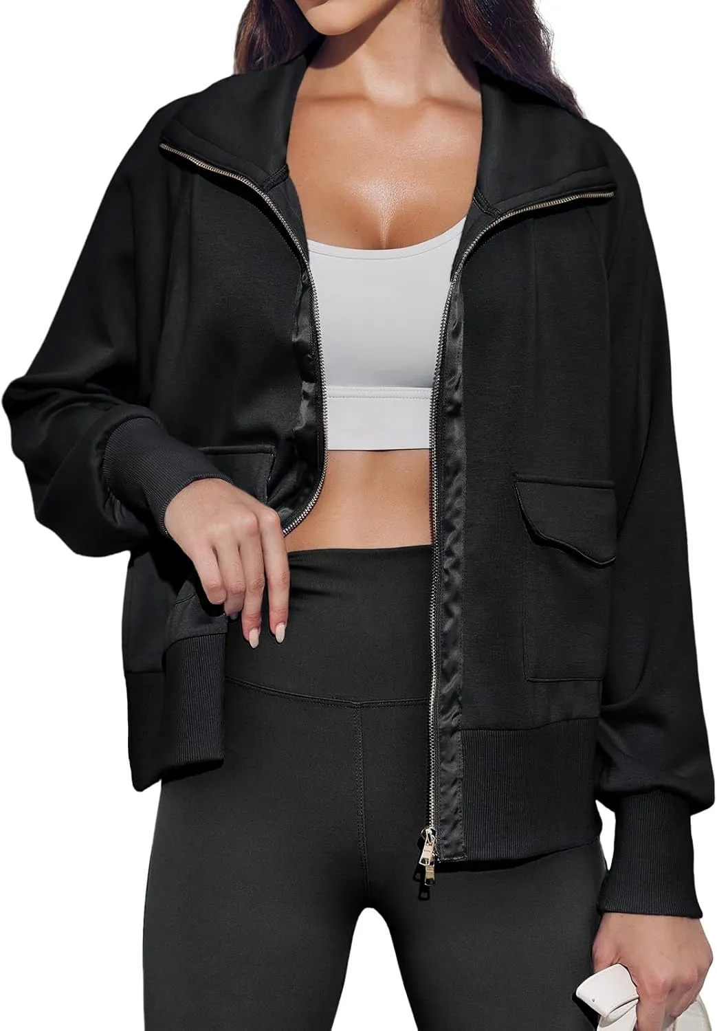 Fisoew Women's Zip up Sweatshirt Collared Neck Long Sleeve Loose Casual Lightweight Jacket with Pockets