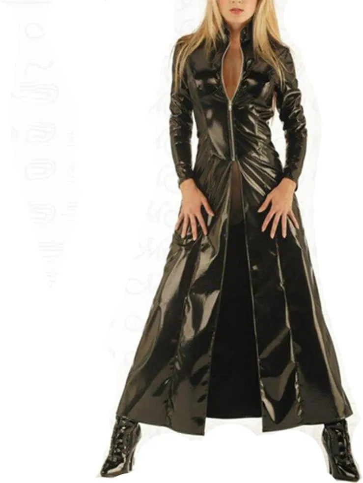 Fjnbbiot Sexy Faux Leather Long Sleeves Long Coat Women PU Leather Coat Trench