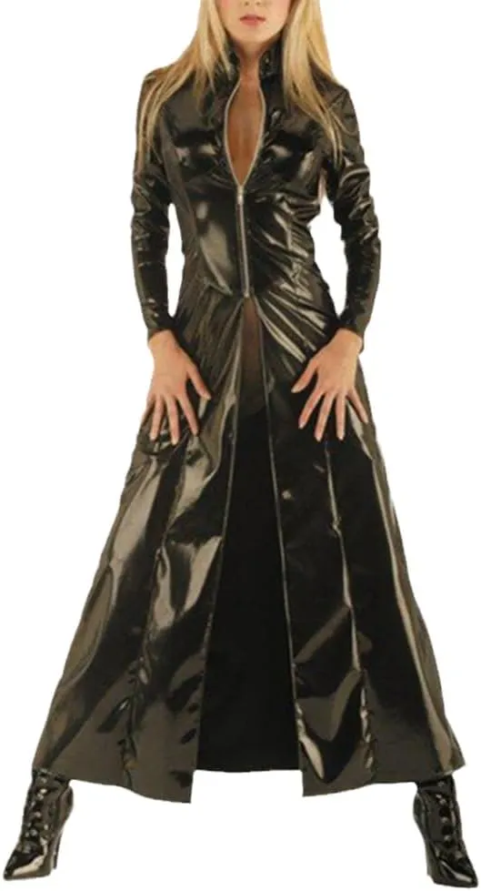 Fjnbbiot Sexy Faux Leather Long Sleeves Long Coat Women PU Leather Coat Trench