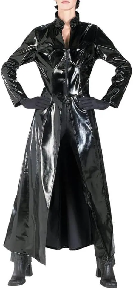 Fjnbbiot Sexy Faux Leather Long Sleeves Long Coat Women PU Leather Coat Trench